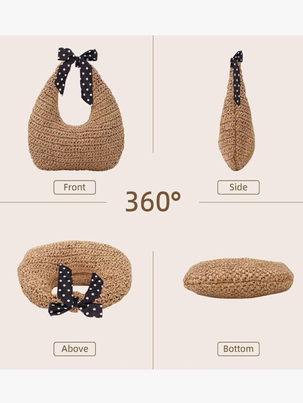 Straw Bag for Women, Summer Beach Tote Purse with Zipper, Raffia Woven Bag - Picture 5 of 7